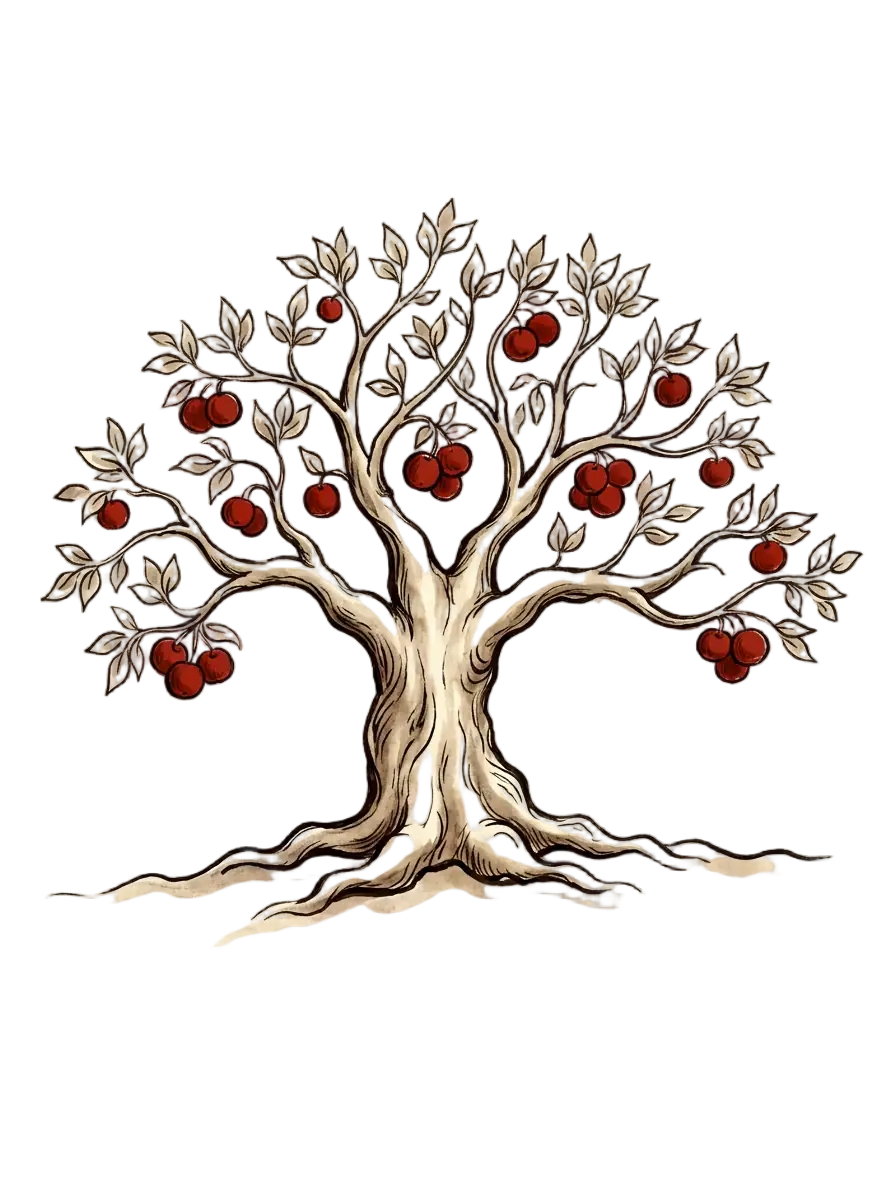 Der Wachstumsbaum: ein kräftiger Baum, dessen Früchte die Bausteine der Plattform sind — Website, Onlineshop, Sichtbarkeit, Termine, Kunden, Rechnungen, Web-to-Print