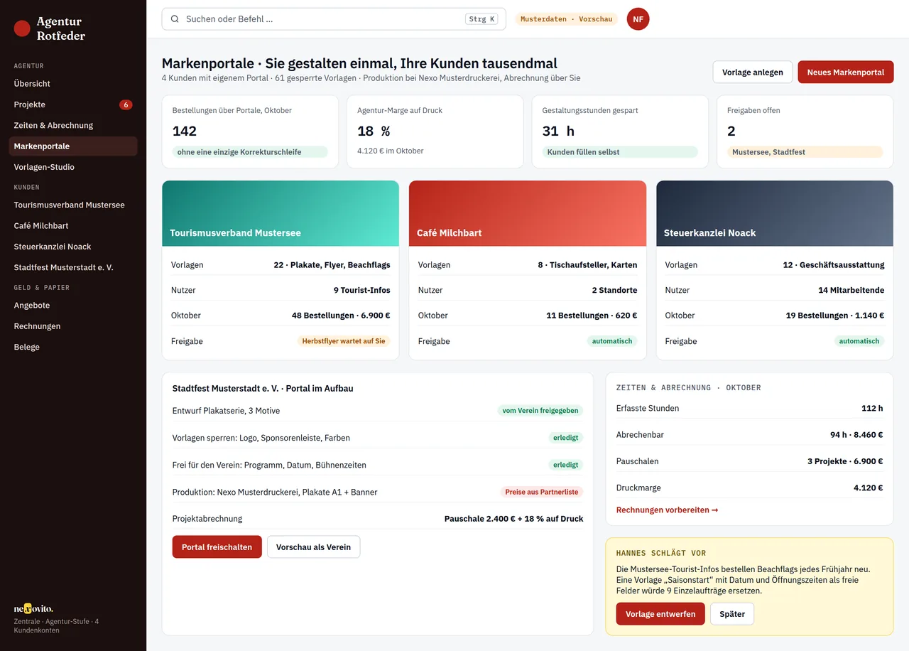 Markenportale einer Agentur — Ansicht mit Musterdaten der Nexo Musterdruckerei