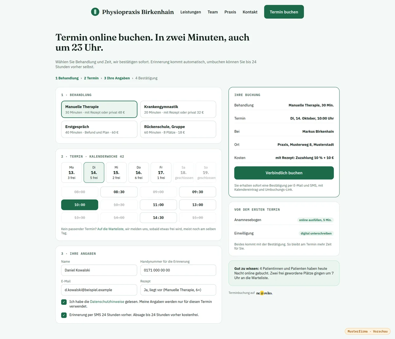 Online-Terminbuchung — Ansicht mit Musterdaten der Nexo Musterdruckerei
