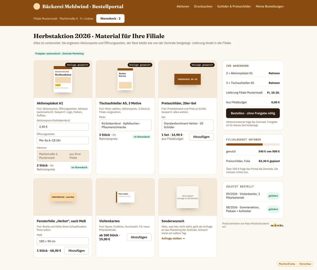 Bestellportal für Filialen — Ansicht mit Musterdaten der Nexo Musterdruckerei
