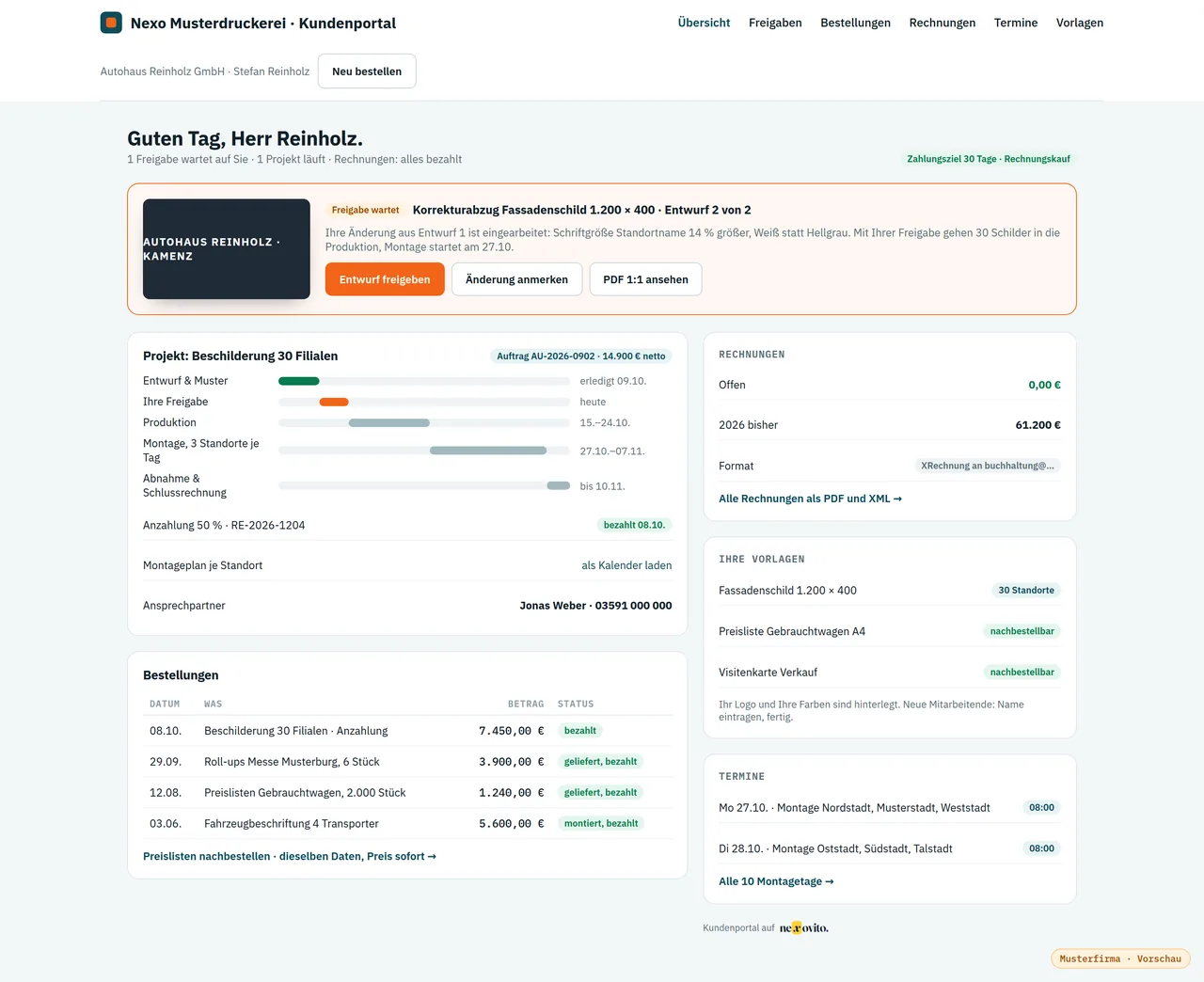 Kundenportal — Ansicht mit Musterdaten der Nexo Musterdruckerei