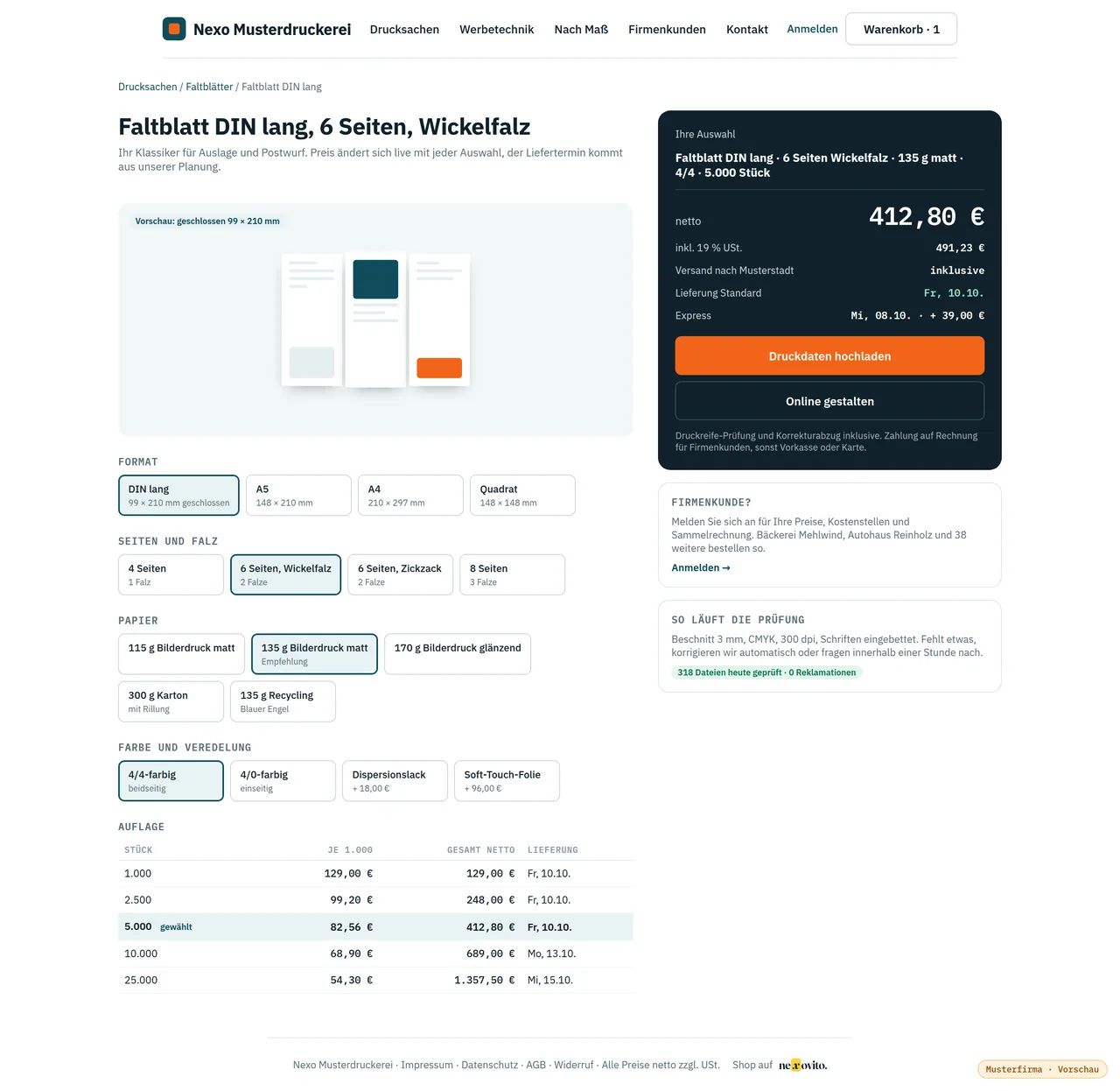 Shop mit Konfigurator — Ansicht mit Musterdaten der Nexo Musterdruckerei