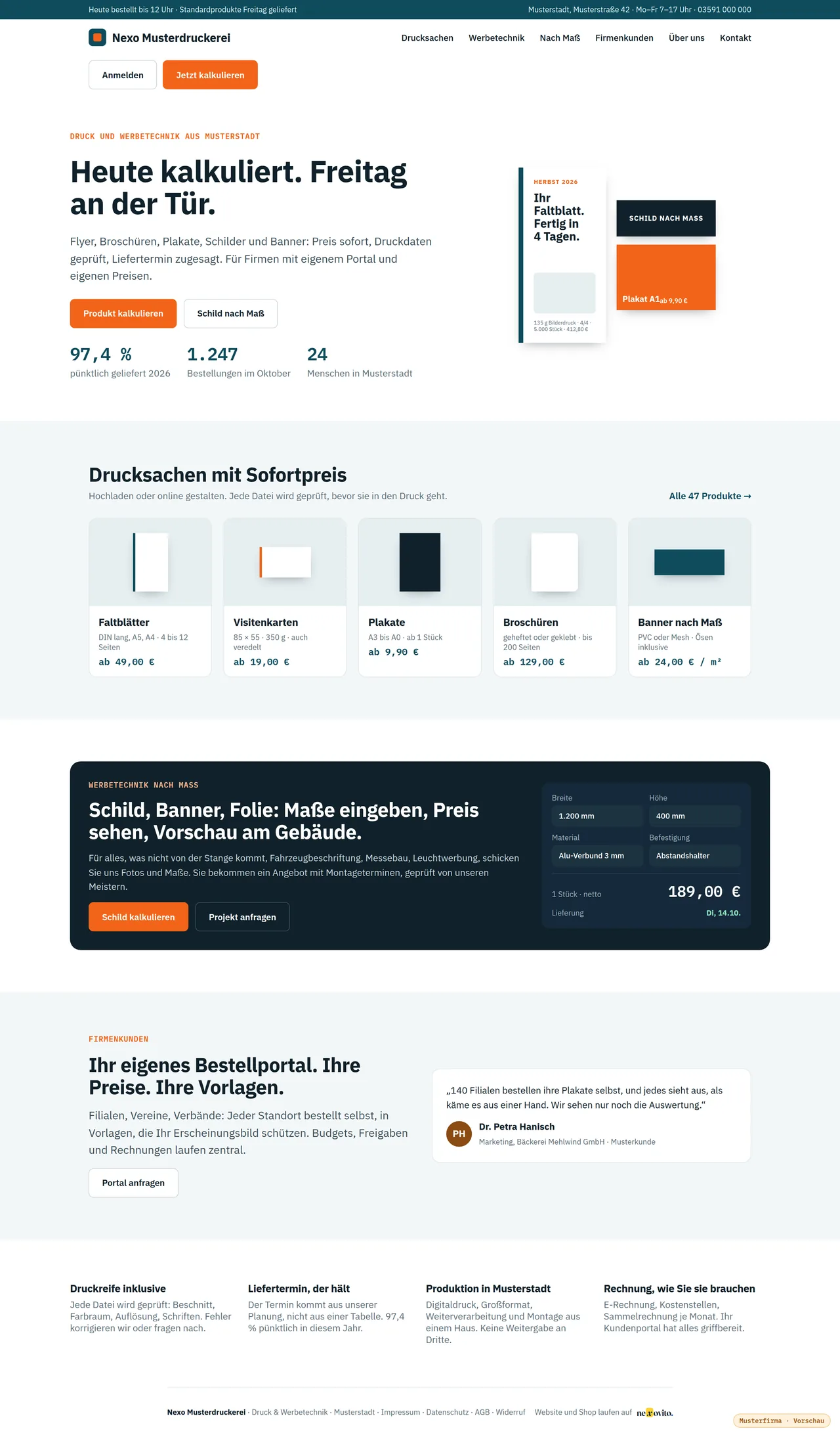 Website eines Druckbetriebs — Ansicht mit Musterdaten der Nexo Musterdruckerei