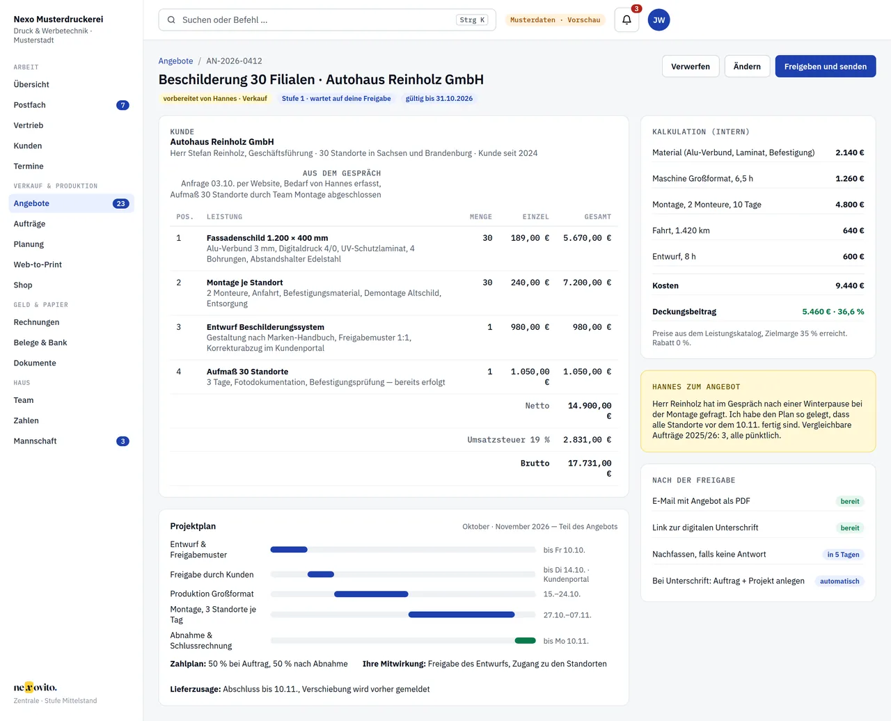 Angebot mit Projektplan — Ansicht mit Musterdaten der Nexo Musterdruckerei