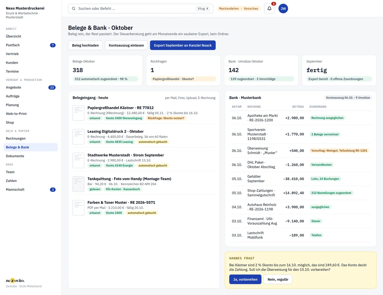 Belege und Bank — Ansicht mit Musterdaten der Nexo Musterdruckerei