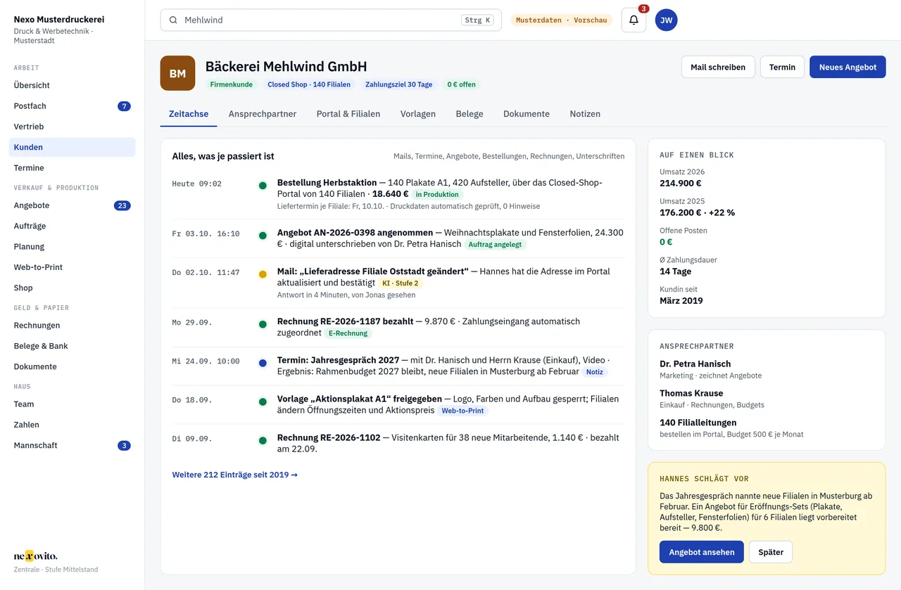 Kundenakte mit Zeitachse — Ansicht mit Musterdaten der Nexo Musterdruckerei