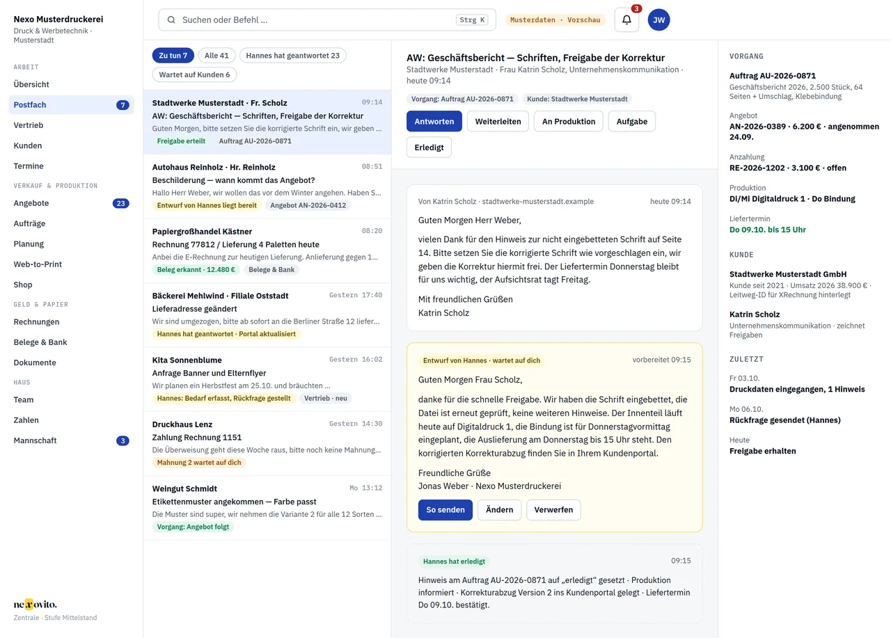 Postfach mit Vorgang — Ansicht mit Musterdaten der Nexo Musterdruckerei