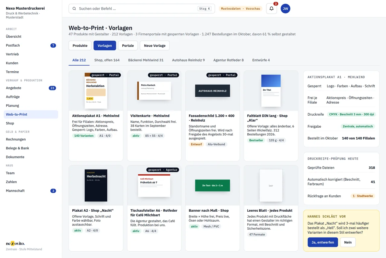 Web-to-Print-Vorlagen — Ansicht mit Musterdaten der Nexo Musterdruckerei